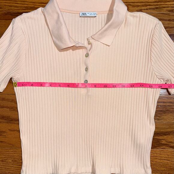 Zara Light Pink Collared Ribbed Cropped Baby Polo Top Size Large - Picture 9 of 10